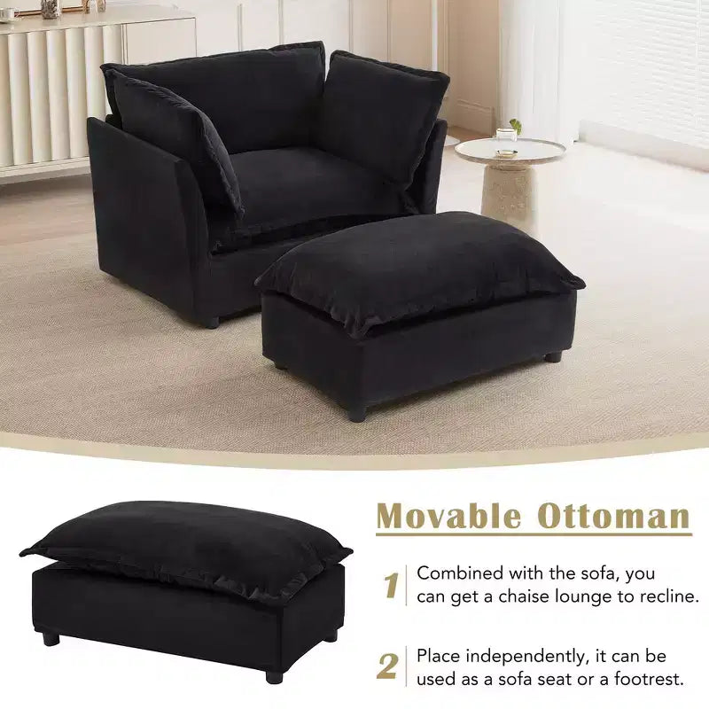 Ensemble fauteuil et ottoman en chenille, 2 places, beige / noir / vert / rose