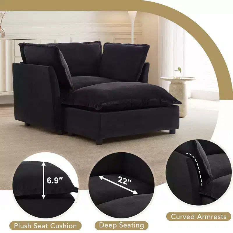 Ensemble fauteuil et ottoman en chenille, 2 places, beige / noir / vert / rose