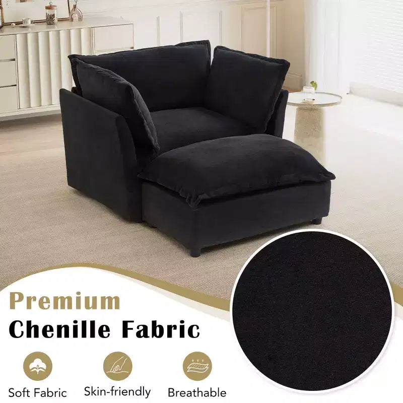 Ensemble fauteuil et ottoman en chenille, 2 places, beige / noir / vert / rose