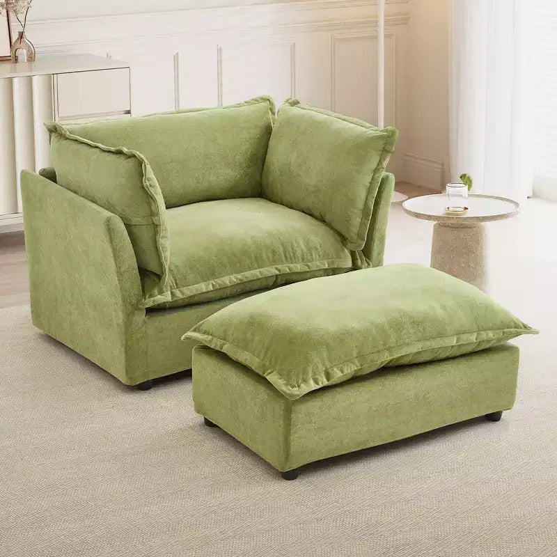 Ensemble fauteuil et ottoman en chenille, 2 places, beige / noir / vert / rose