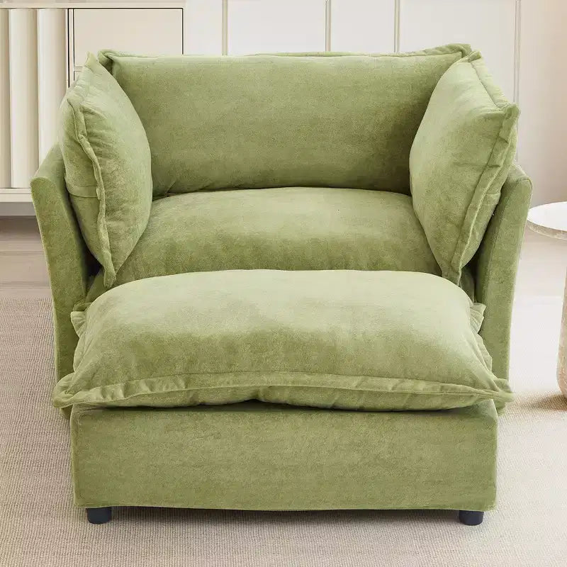 Ensemble fauteuil et ottoman en chenille, 2 places, beige / noir / vert / rose