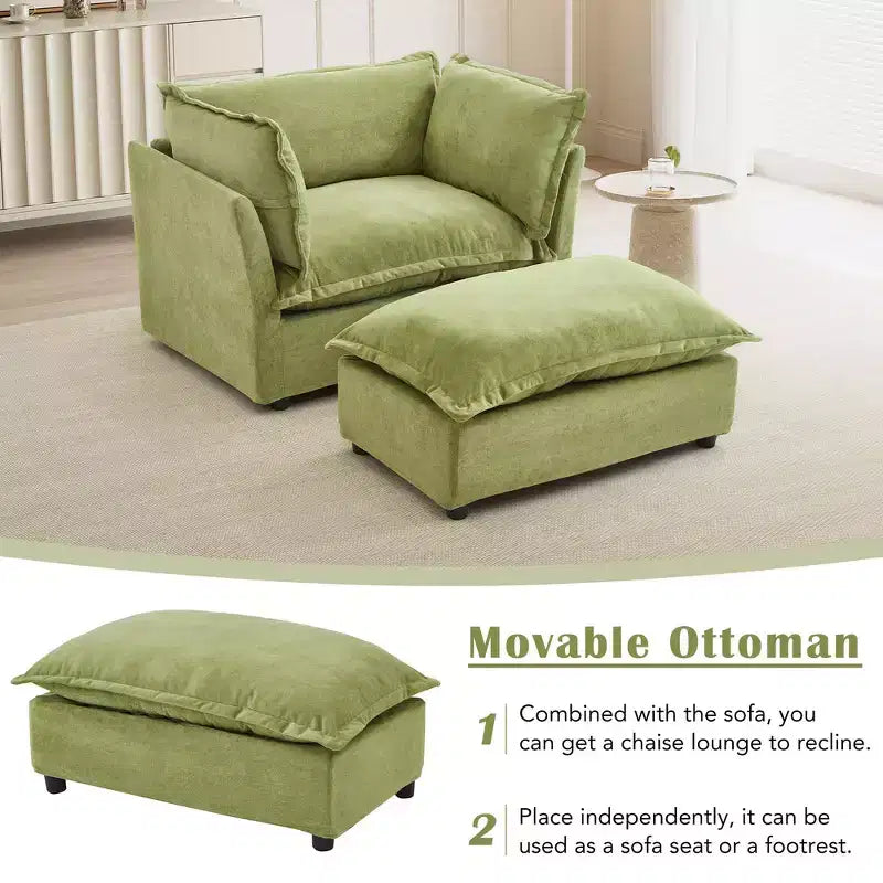 Ensemble fauteuil et ottoman en chenille, 2 places, beige / noir / vert / rose