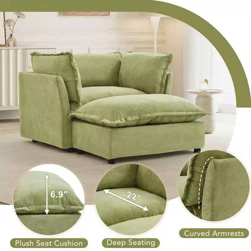 Ensemble fauteuil et ottoman en chenille, 2 places, beige / noir / vert / rose