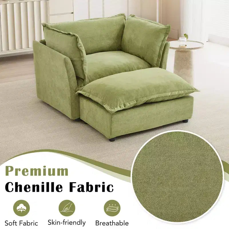 Ensemble fauteuil et ottoman en chenille, 2 places, beige / noir / vert / rose