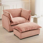 Ensemble fauteuil et ottoman en chenille, 2 places, beige / noir / vert / rose