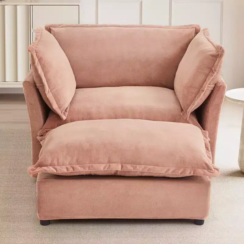 Ensemble fauteuil et ottoman en chenille, 2 places, beige / noir / vert / rose