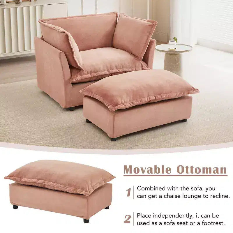Ensemble fauteuil et ottoman en chenille, 2 places, beige / noir / vert / rose