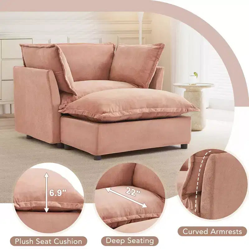 Ensemble fauteuil et ottoman en chenille, 2 places, beige / noir / vert / rose
