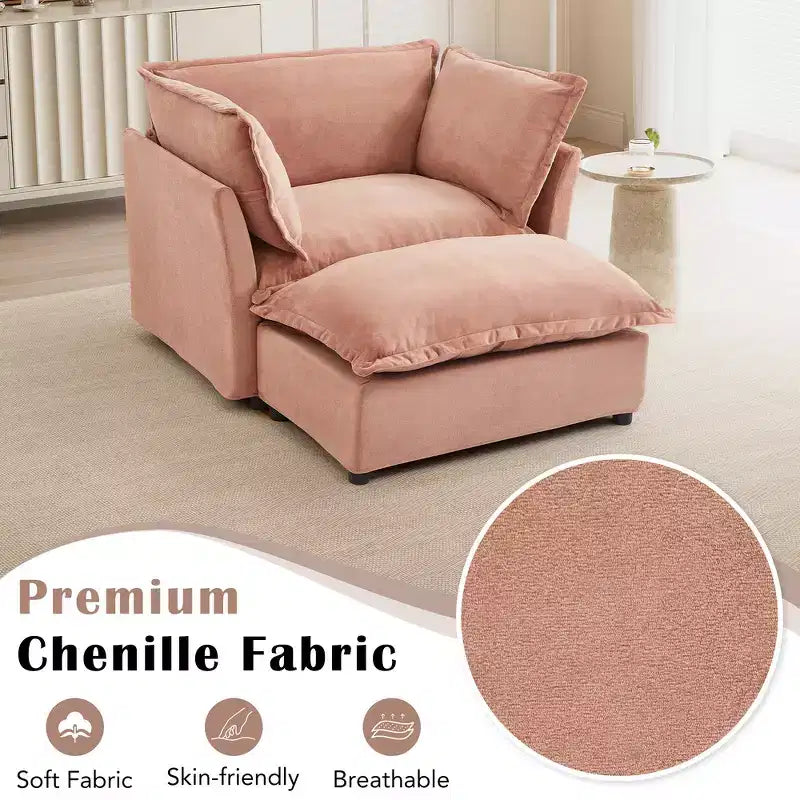 Ensemble fauteuil et ottoman en chenille, 2 places, beige / noir / vert / rose