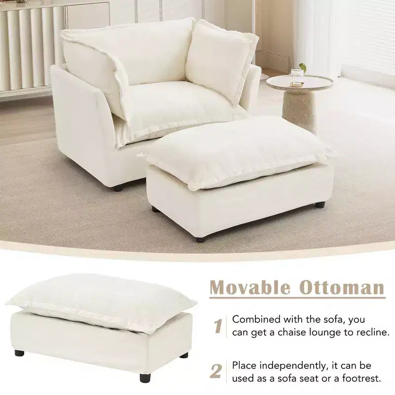 Ensemble fauteuil et ottoman en chenille, 2 places, beige / noir / vert / rose