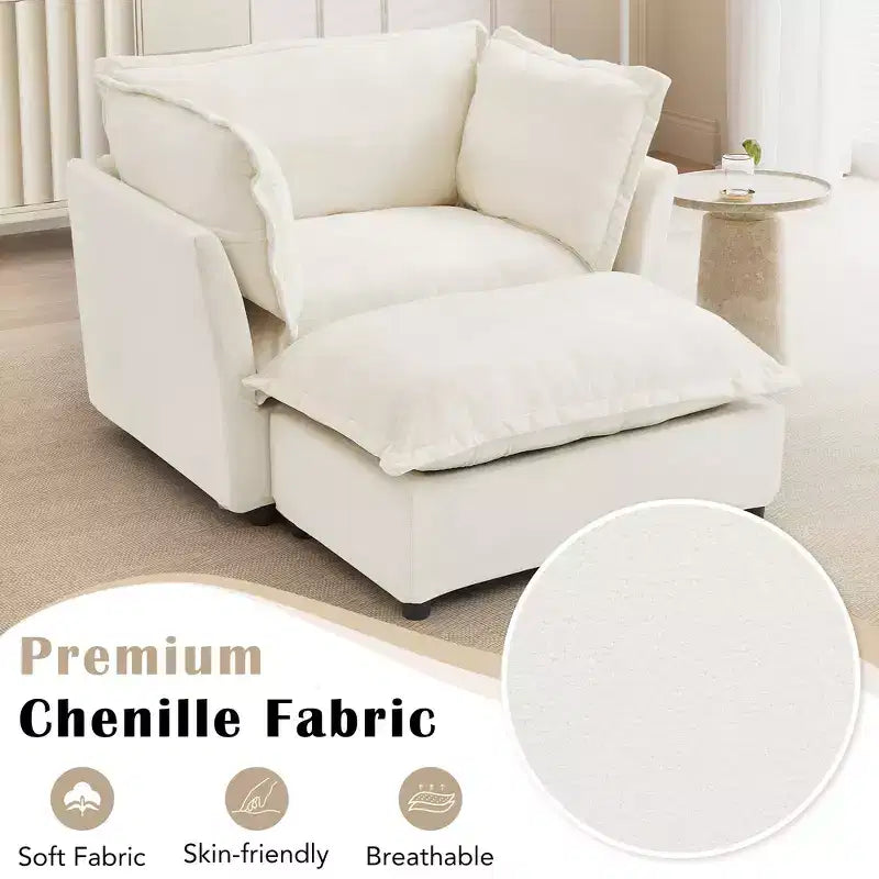 Ensemble fauteuil et ottoman en chenille, 2 places, beige / noir / vert / rose