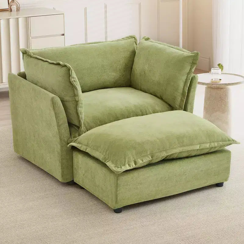 Ensemble fauteuil et ottoman en chenille, 2 places, beige / noir / vert / rose