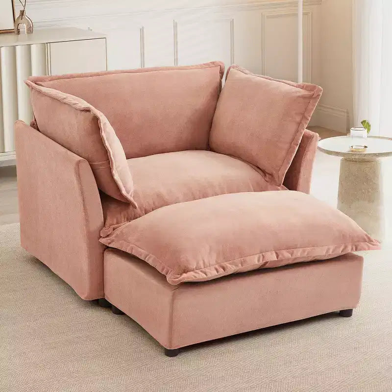 Chenille Armchair & Ottoman Set, 2-Seat, Beige / Black / Green / Pink