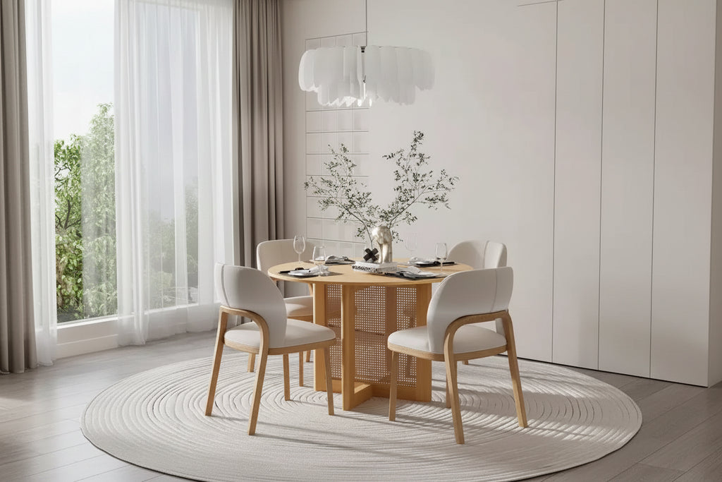 Table à manger ronde jaune, style piédestal, 4 places