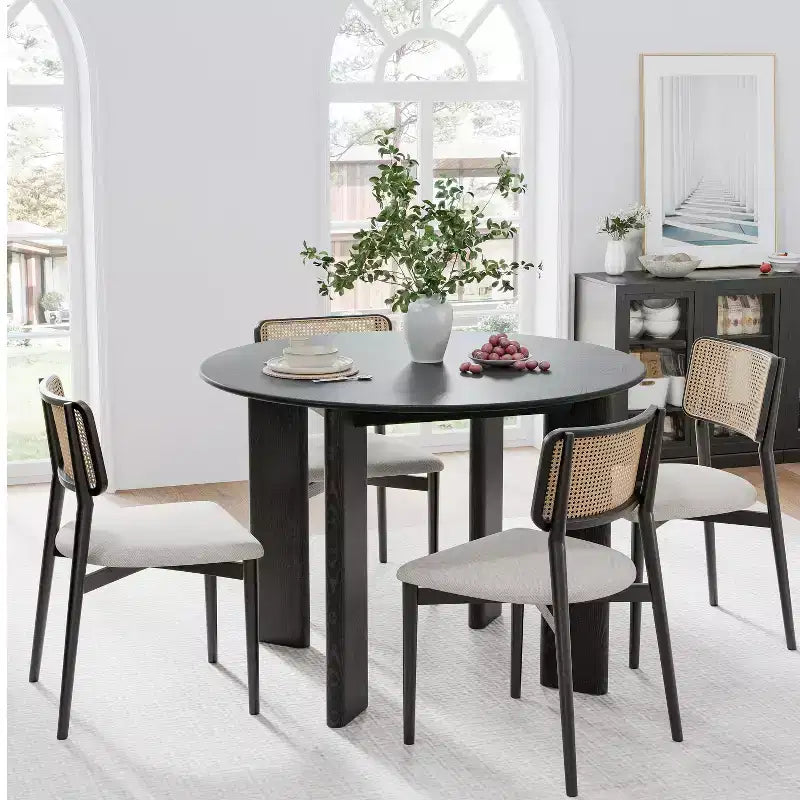 Table à manger ronde en bois massif noir, 4 personnes