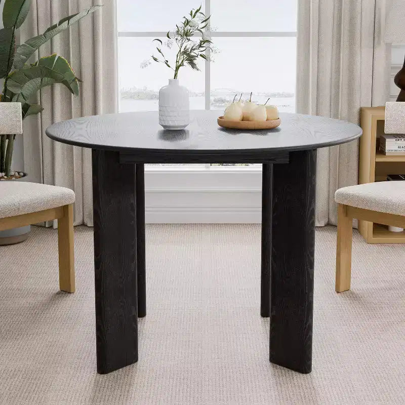 Table à manger ronde en bois massif noir, 4 personnes