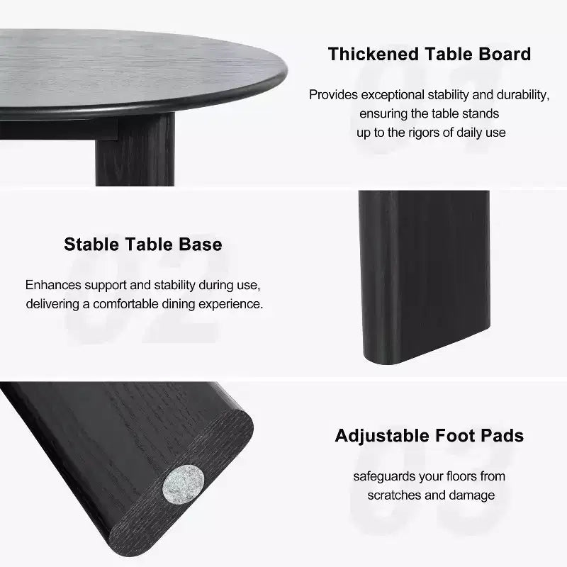 Table à manger ronde en bois massif noir, 4 personnes