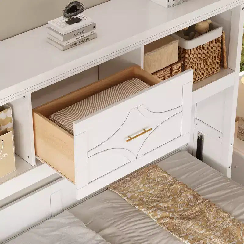 Lit escamotable double Whisen Wood avec station de recharge et tiroir