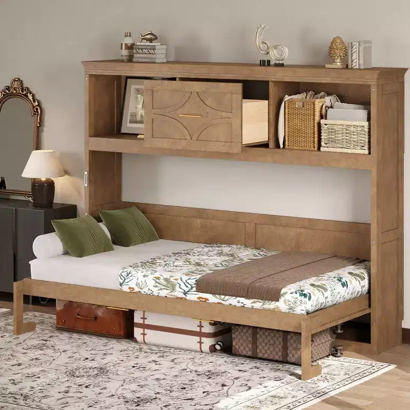 Lit escamotable double Whisen Wood avec station de recharge et tiroir