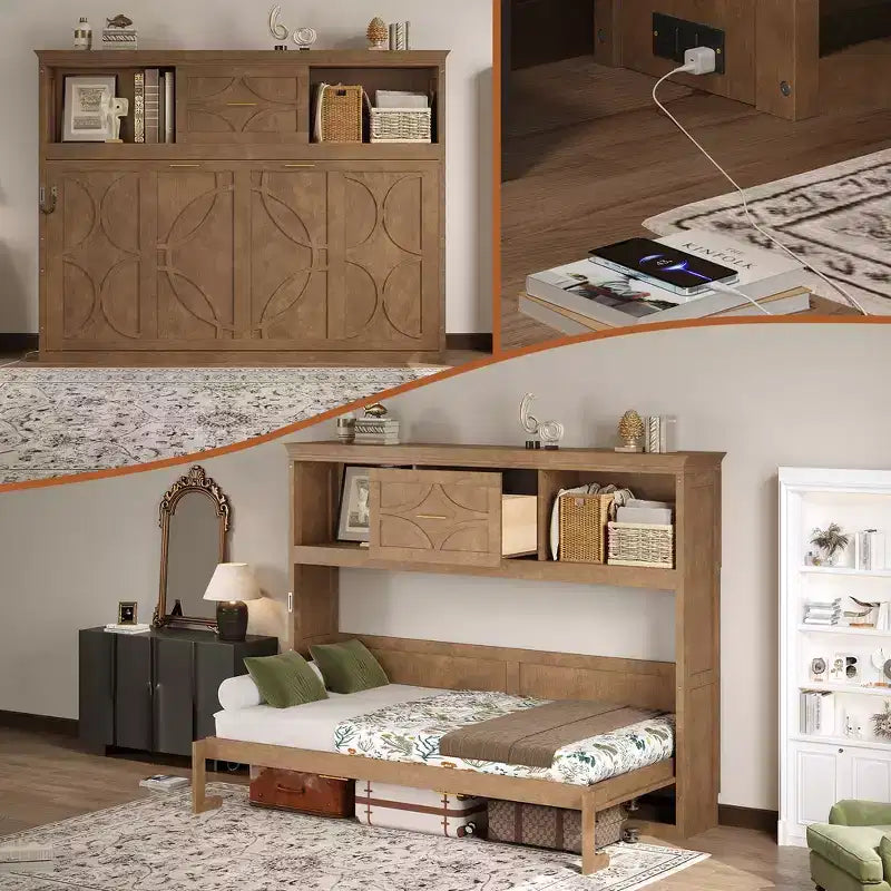 Lit escamotable double Whisen Wood avec station de recharge et tiroir
