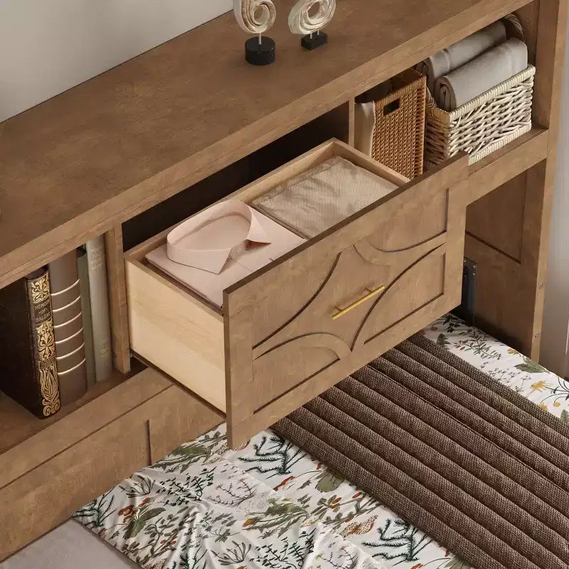 Lit escamotable double Whisen Wood avec station de recharge et tiroir