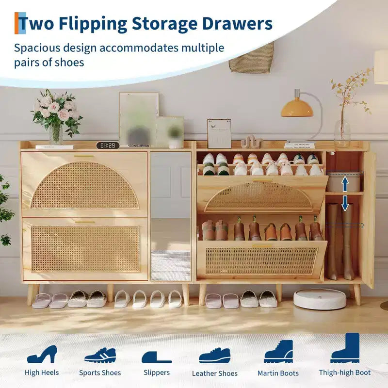Shoe Storage Cabinet with Mirror & 2 Flip Drawers, Brown / White, Freestanding, 1-Person