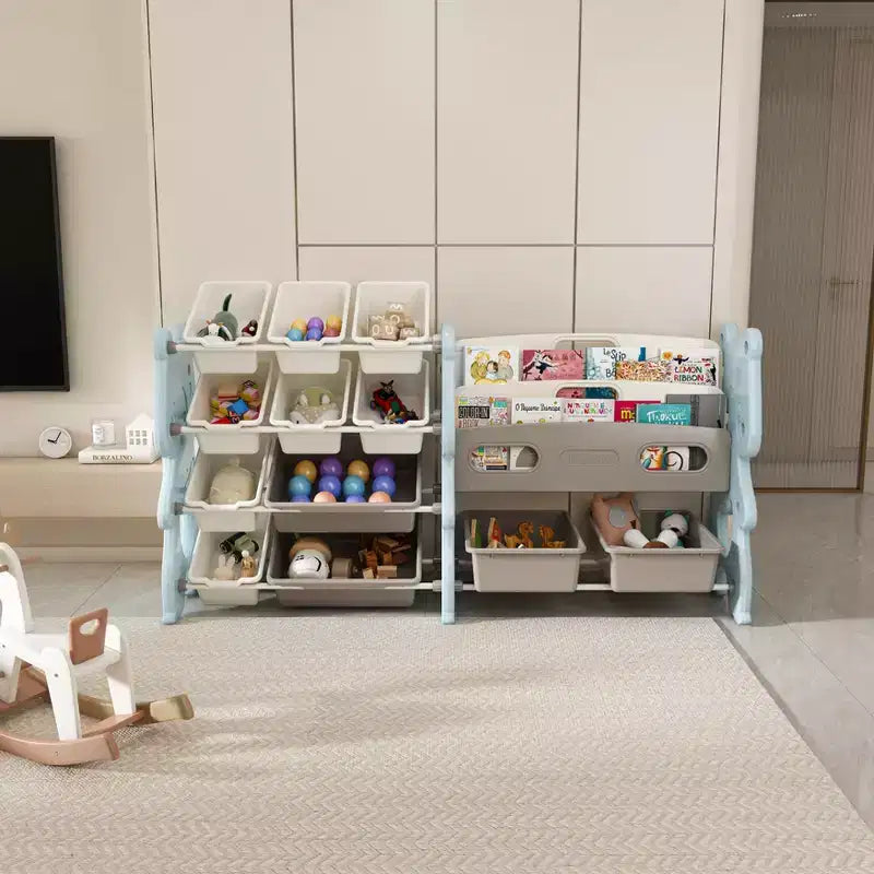 White 2-Tier Kids Bookshelf & Toy Storage with 12 Bins