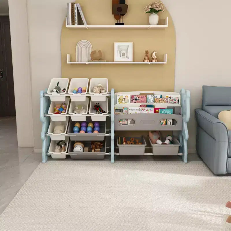 Bibliothèque enfant 2 niveaux et rangement de jouets blancs avec 12 bacs