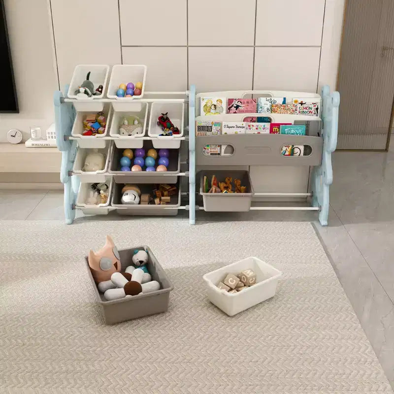 White 2-Tier Kids Bookshelf & Toy Storage with 12 Bins