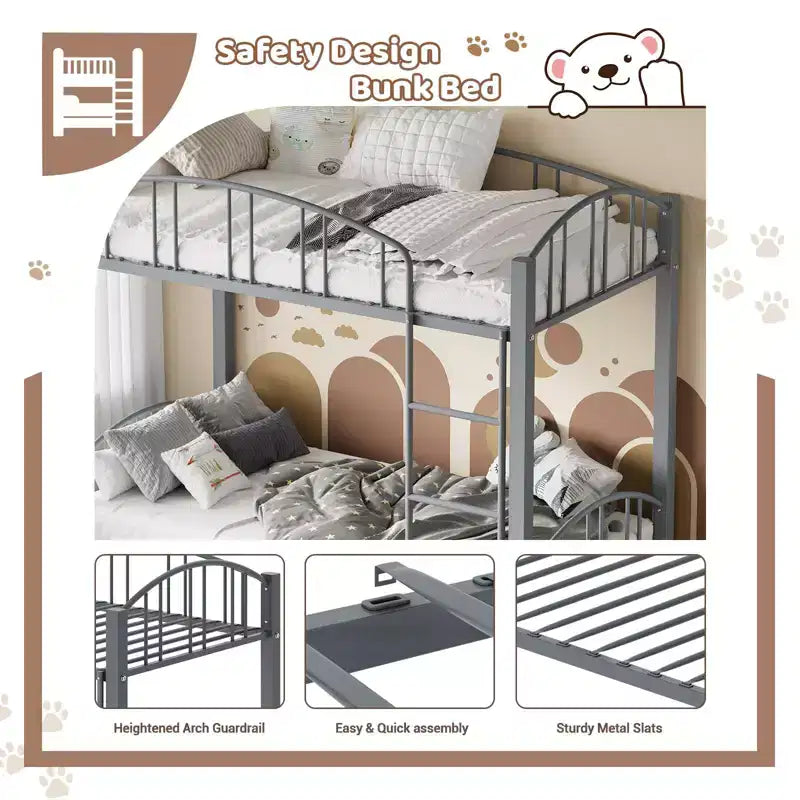 Lit superposé en métal avec barrière de sécurité et échelle – Noir / Or / Gris / Rose / Blanc – 2 couchages