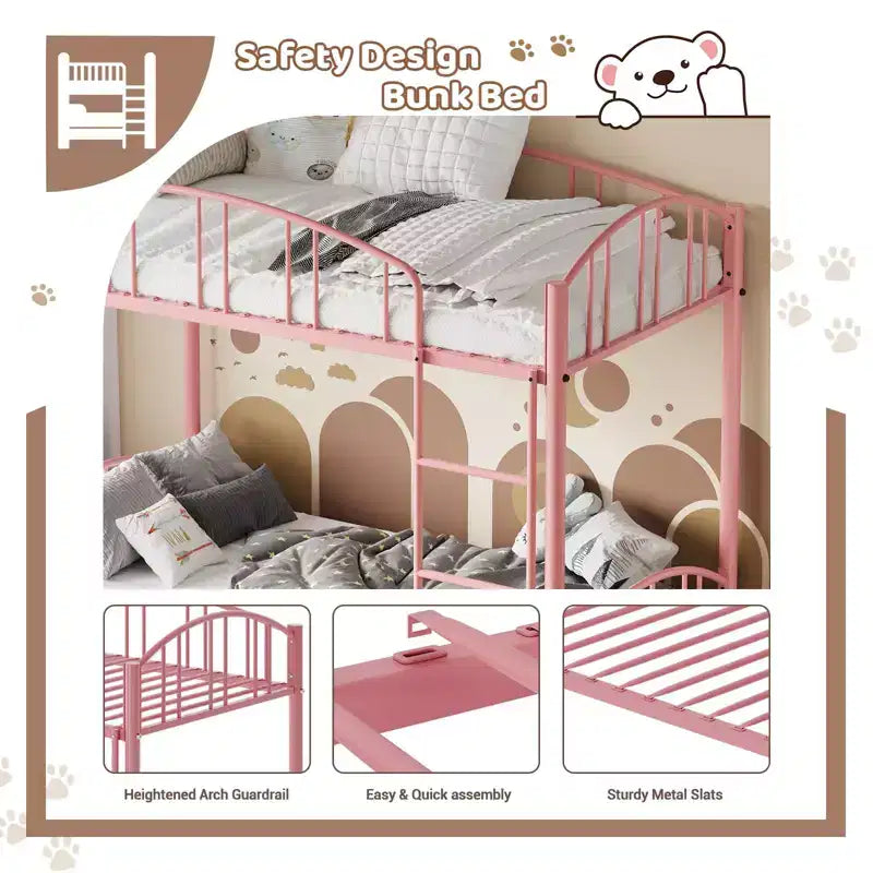 Lit superposé en métal avec barrière de sécurité et échelle – Noir / Or / Gris / Rose / Blanc – 2 couchages