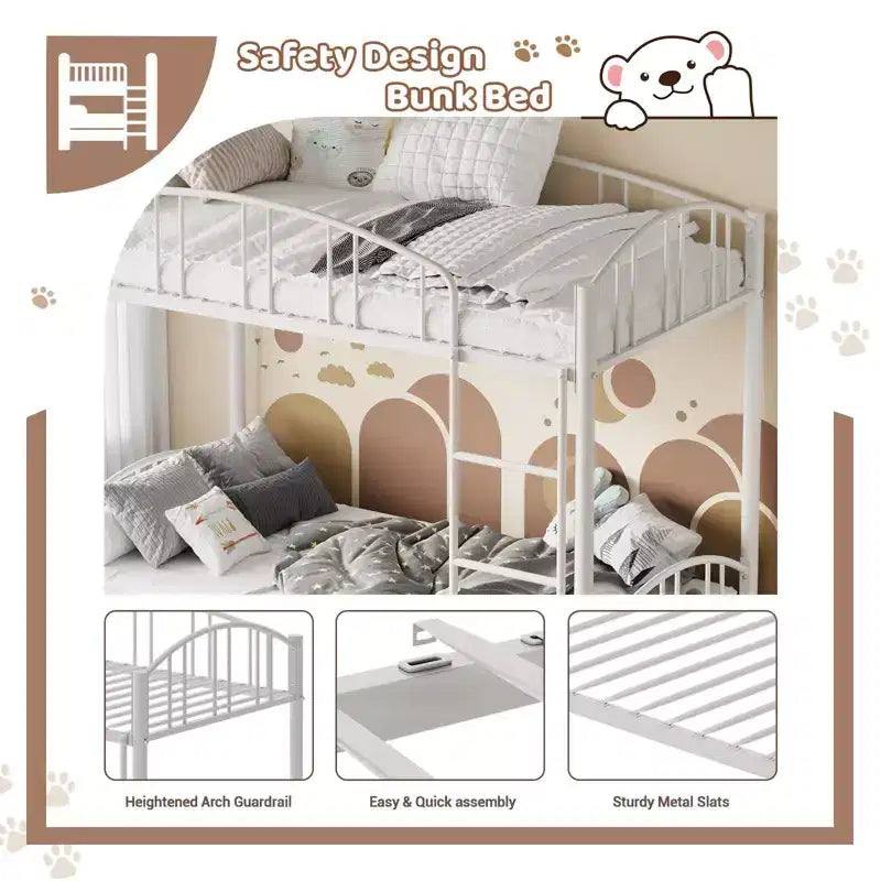 Lit superposé en métal avec barrière de sécurité et échelle – Noir / Or / Gris / Rose / Blanc – 2 couchages