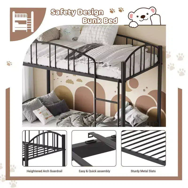 Lit superposé en métal avec barrière de sécurité et échelle – Noir / Or / Gris / Rose / Blanc – 2 couchages
