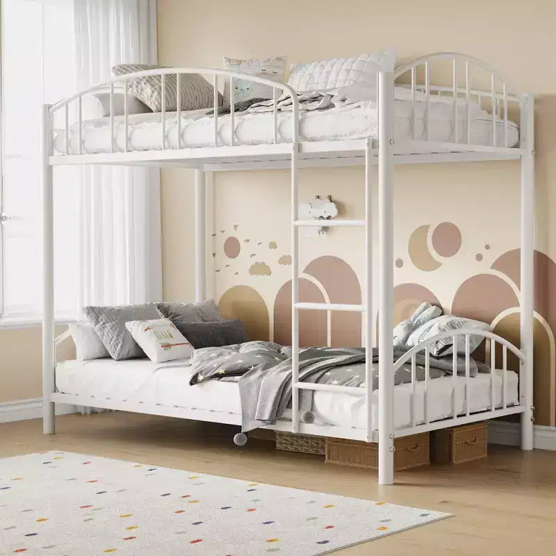 Twin Over Twin Metal Bunk Bed with Guardrail and Ladder – Black / Gold / Gray / Pink / White – Sleeps 2
