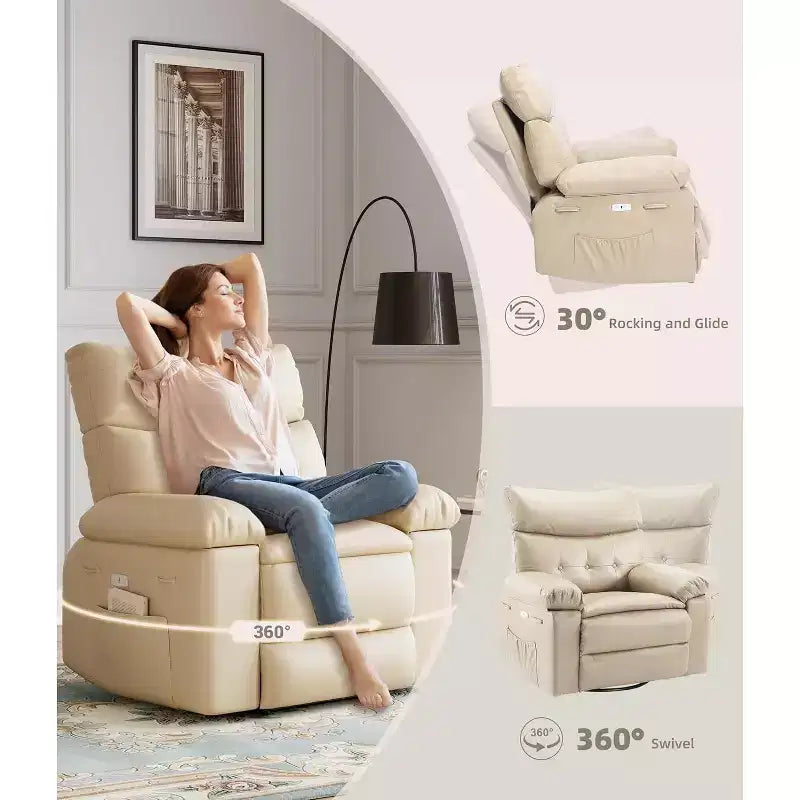 Fauteuil inclinable releveur avec fonctions Chaleur et Massage, pivotant à 360°, 1 place (Beige / Marron foncé / Gris / Couleur rétro)