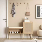 Banc à chaussures en rotin de style bohème avec étagère, porte et coussin amovible – Naturel