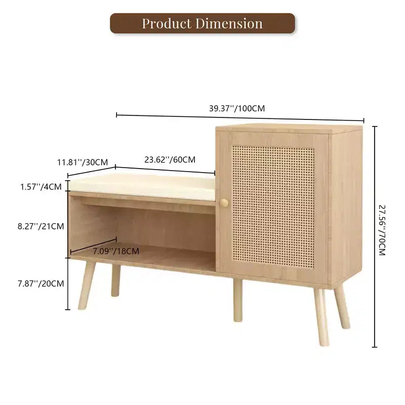 Banc à chaussures en rotin de style bohème avec étagère, porte et coussin amovible – Naturel