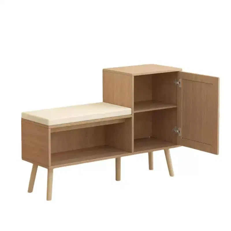 Boho Style Rattan Shoe Bench with Shelf, Door & Removable Cushion – Natural