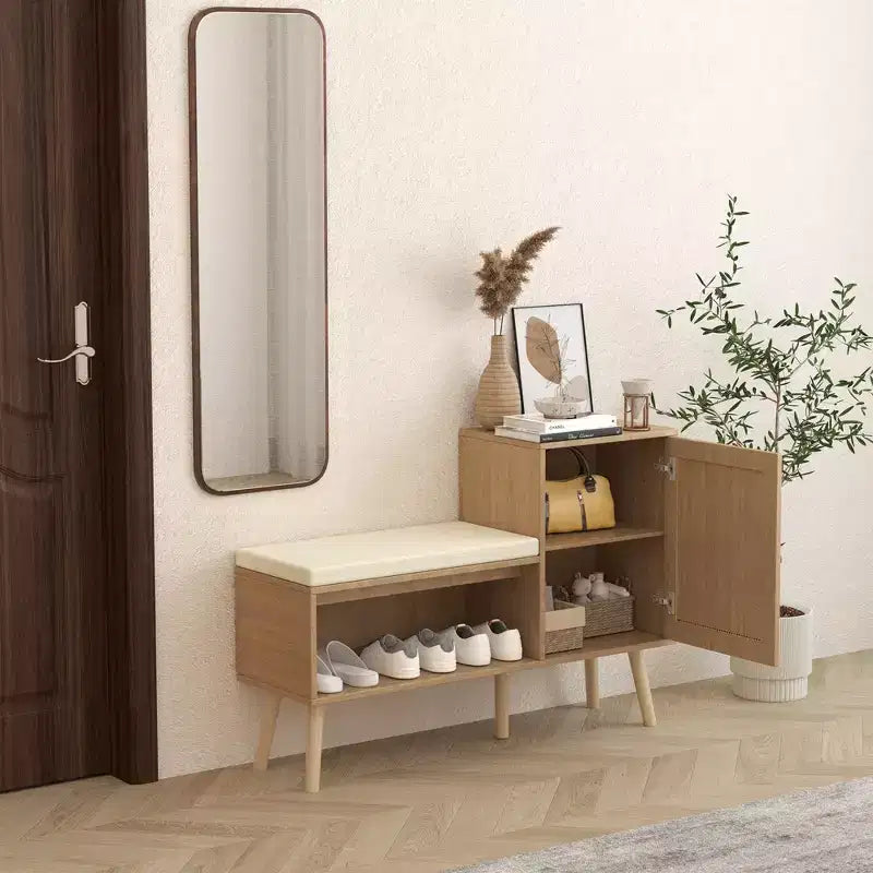 Boho Style Rattan Shoe Bench with Shelf, Door & Removable Cushion – Natural