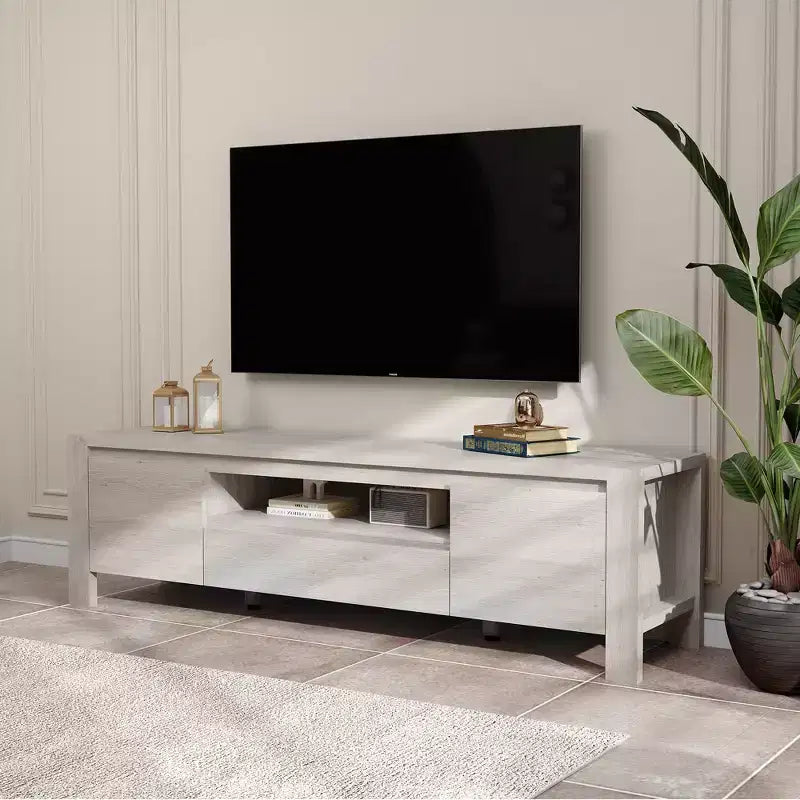 Meuble TV avec portes et placard, Bois naturel / Gris, Style ferme, 140/160 cm, Convient aux téléviseurs jusqu'à 70"