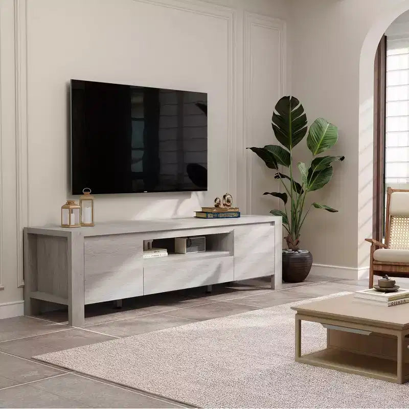 Meuble TV avec portes et placard, Bois naturel / Gris, Style ferme, 140/160 cm, Convient aux téléviseurs jusqu'à 70"