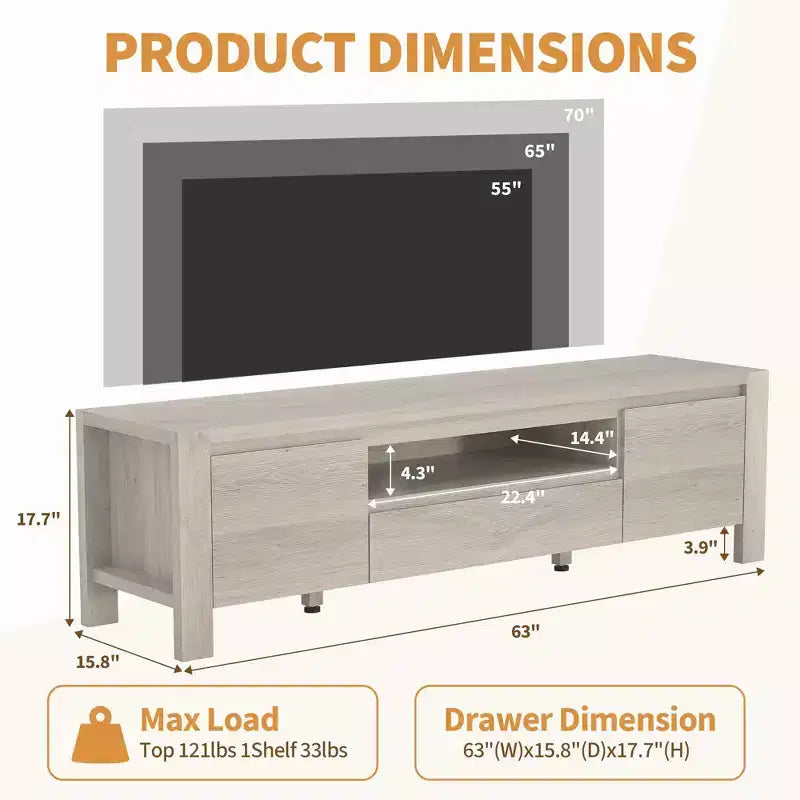 Meuble TV avec portes et placard, Bois naturel / Gris, Style ferme, 140/160 cm, Convient aux téléviseurs jusqu'à 70"