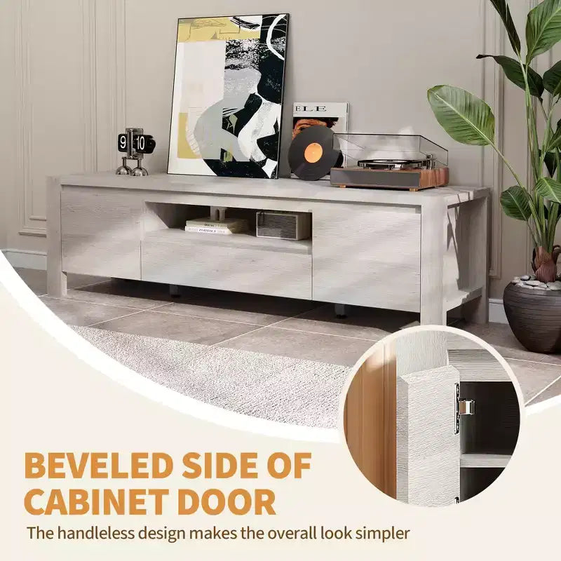 Meuble TV avec portes et placard, Bois naturel / Gris, Style ferme, 140/160 cm, Convient aux téléviseurs jusqu'à 70"