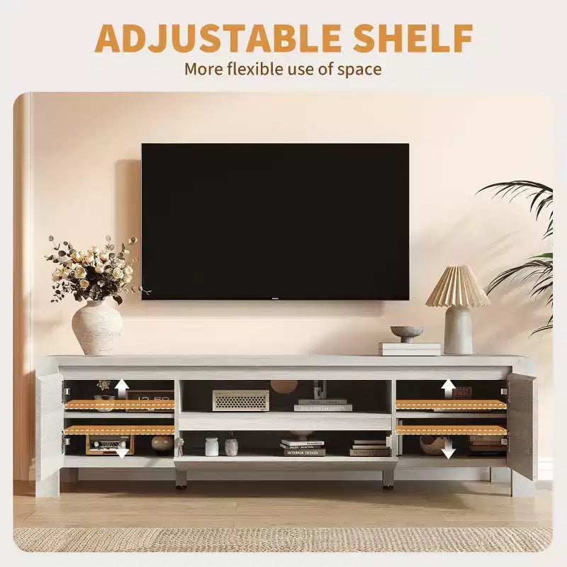 Meuble TV avec portes et placard, Bois naturel / Gris, Style ferme, 140/160 cm, Convient aux téléviseurs jusqu'à 70"