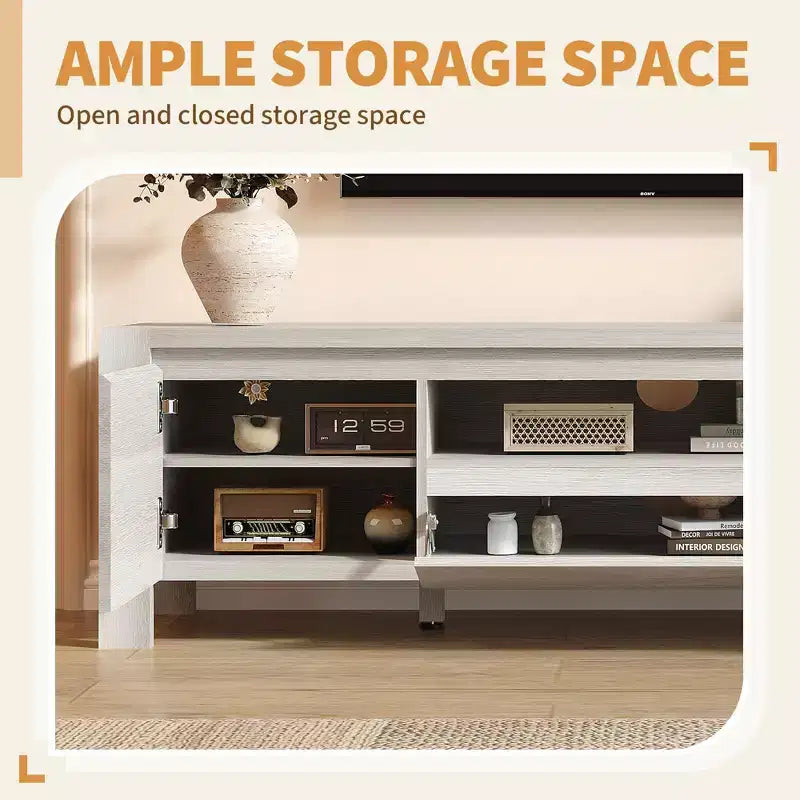 Meuble TV avec portes et placard, Bois naturel / Gris, Style ferme, 140/160 cm, Convient aux téléviseurs jusqu'à 70"
