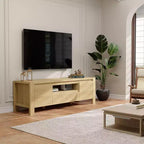 Meuble TV avec portes et placard, Bois naturel / Gris, Style ferme, 140/160 cm, Convient aux téléviseurs jusqu'à 70"