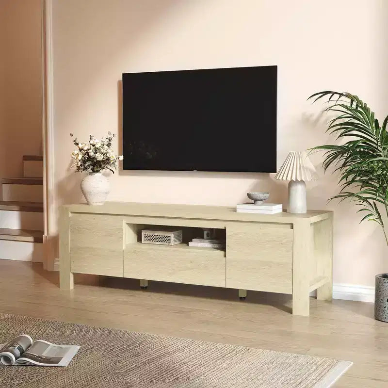 Meuble TV avec portes et placard, Bois naturel / Gris, Style ferme, 140/160 cm, Convient aux téléviseurs jusqu'à 70"