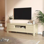 Meuble TV avec portes et placard, Bois naturel / Gris, Style ferme, 140/160 cm, Convient aux téléviseurs jusqu'à 70"