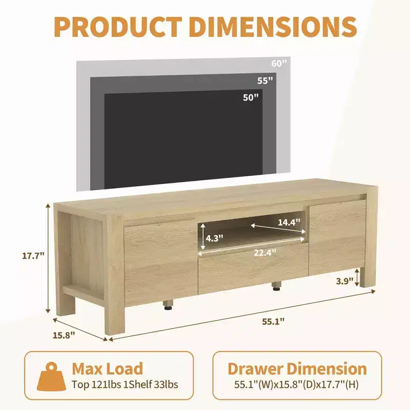 TV Stand with Doors & Cabinet, Natural Wood / Grey, Farmhouse Style, 55"/63", Fits TVs Up to 70"