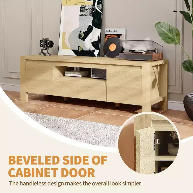 TV Stand with Doors & Cabinet, Natural Wood / Grey, Farmhouse Style, 55"/63", Fits TVs Up to 70"